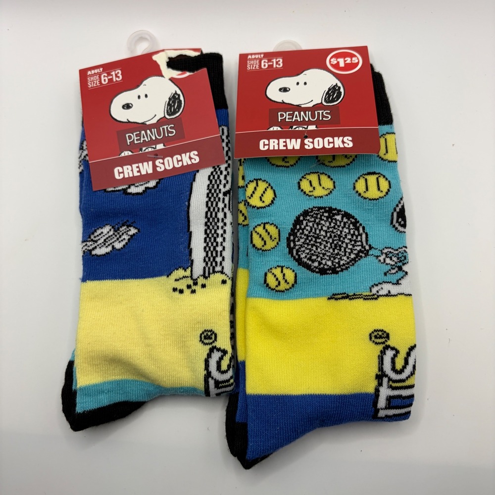 Peanuts Snoopy Surfing Tennis 2 Pair Crew Socks Lot Adult 6-13 Novelty Blue New
